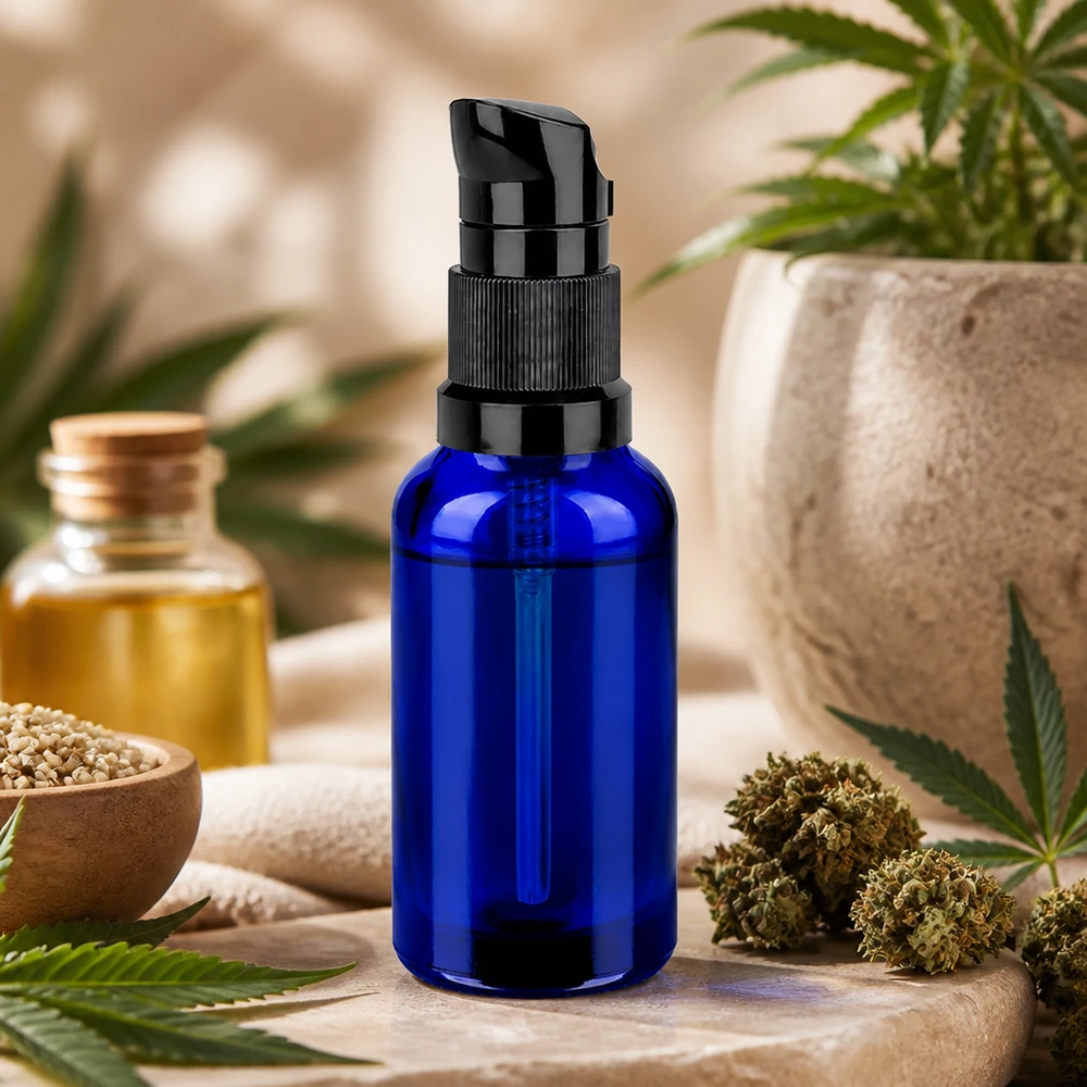 Stijlvolle blauwe pompflacon van 30 ml met matzwarte pomp voor hoogwaardige huidverzorging