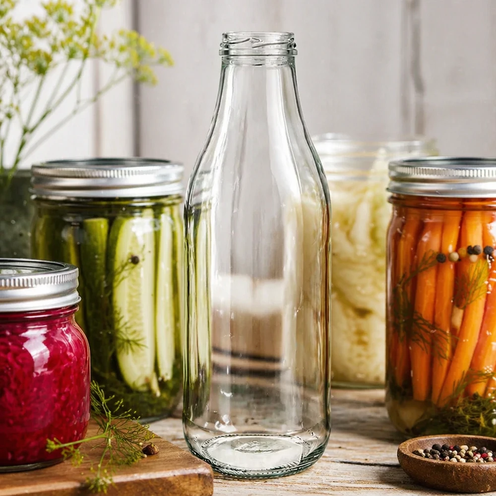 1000ml fles zonder deksel (TO48) UNiTWIST 1000ml glazen fles TO48 UNiTWIST zonder deksel tussen inmaakpotten met ingemaakte groenten Keuken decor Conservering
