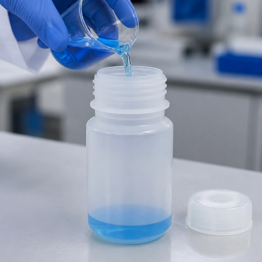 Wijde hals laboratoriumfles 50ml met sluiting Een chemicus met blauwe nitrilhandschoenen vult een 50 ml-fles met brede hals in het cleanroomlaboratorium
