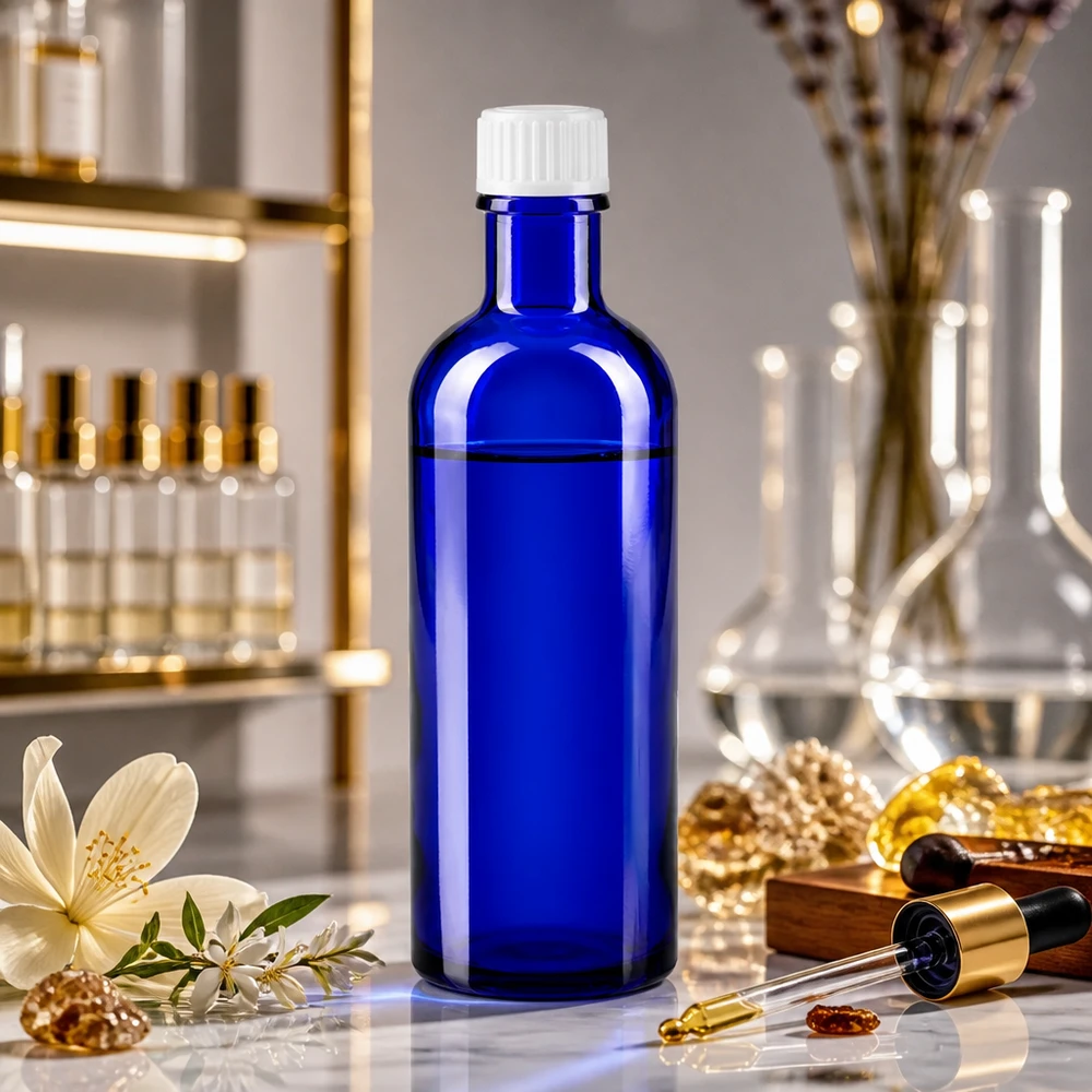 Blauwe glazen flessen 200ml met wit schroefsluiting St Lichtbeschermende fles van 200 ml, kobaltblauw met witte dop, voor farmaceutische producten