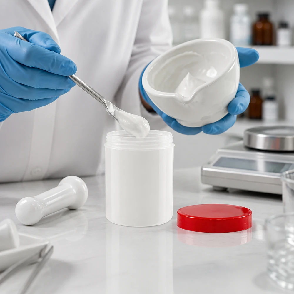 Crèmevulling in een wit potje van 10 g met een rode deksel, naast een analyseweegschaal en een porseleinen vijzel