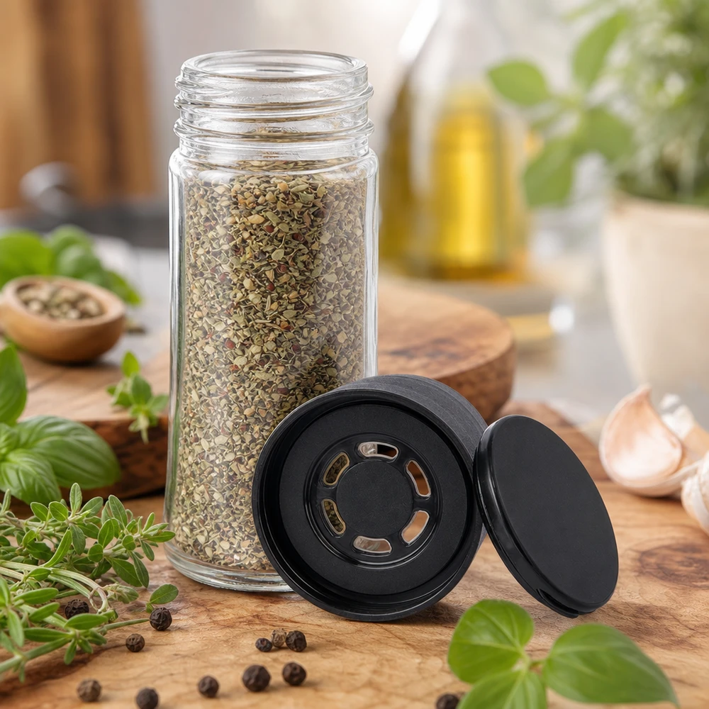 Zout-/kruidenpotje 95 ml met molen (grof) zwart Kruidenpotje van 95 ml met zwarte grofmaler, naast verse kruiden en knoflook