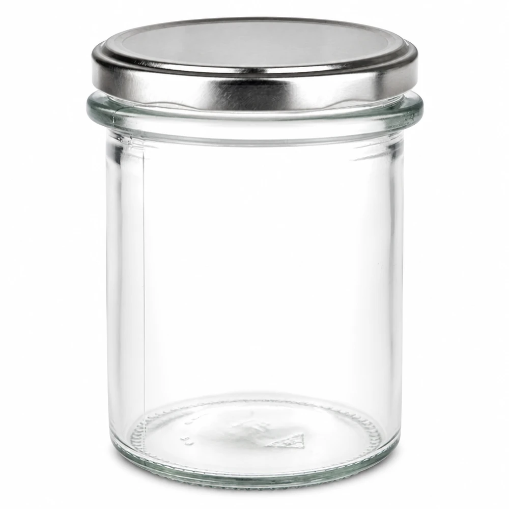 214 ml rond glas + BasicSeal-deksel zilver UNiTWIST Doorzichtige glazen pot van 214 ml, cilindrische vorm, met BasicSeal-deksel in zilver, voor in de keuken en het huishouden