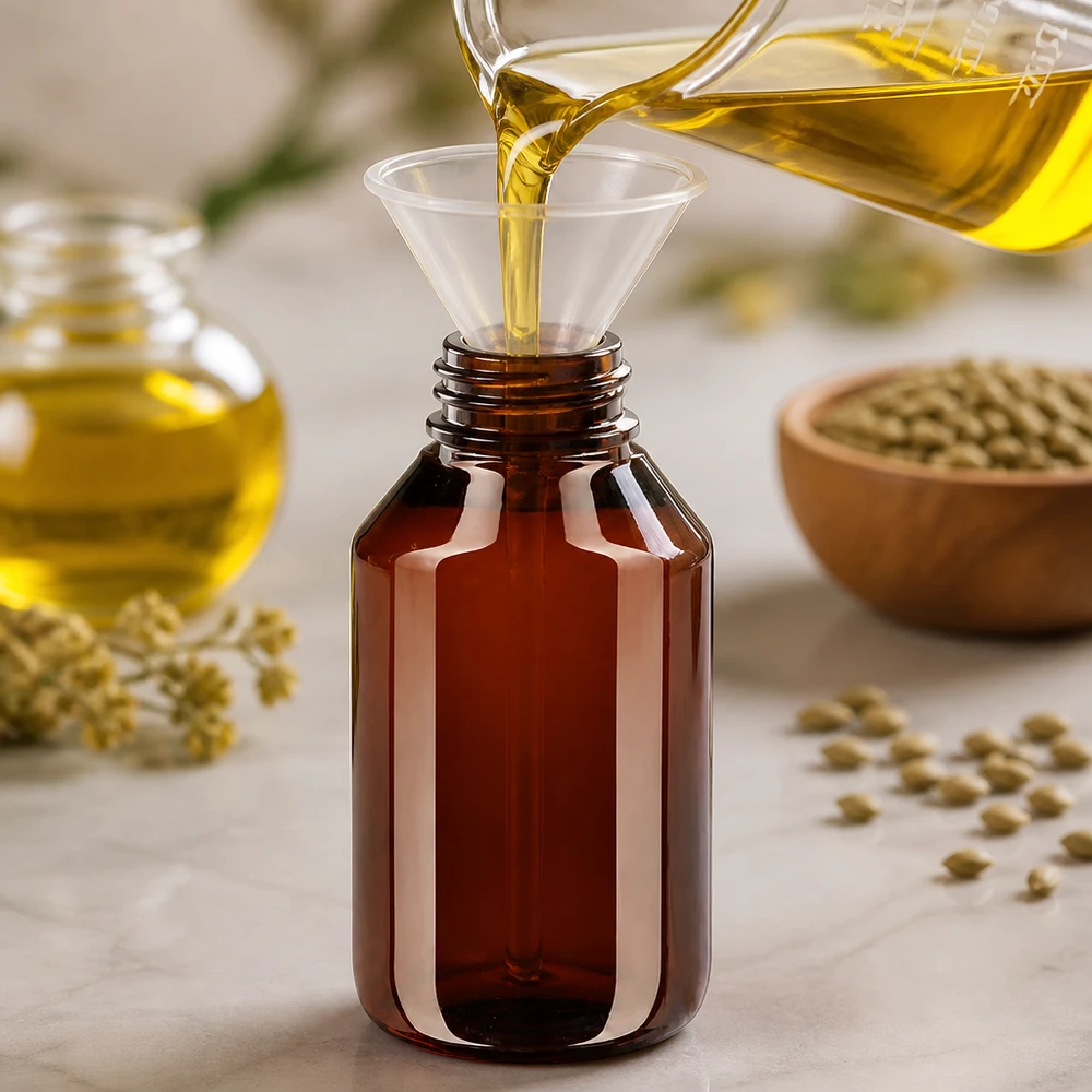 Braune PET Flasche 50ml mit Schraubverschluss beim Abfüllen von Naturölen