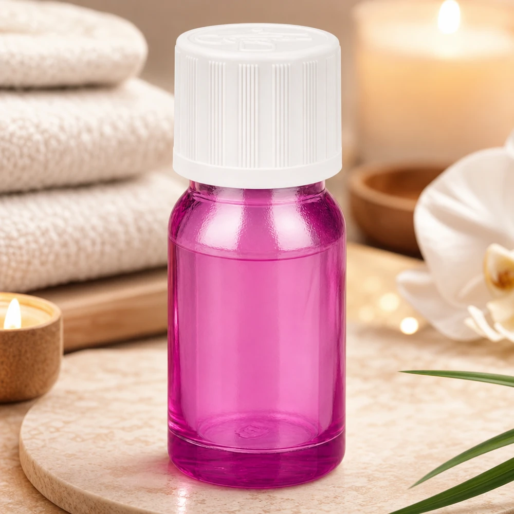 Klein transparant druppelflesje 10ml in fuchsia met precieze doseeropening van 1,2mm