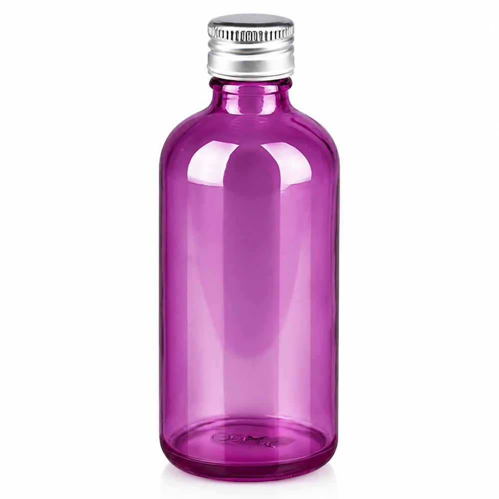 100 ml fles. 11mm schroefdop aluminium-zilver standaard PurpleLine. UT18/100 Compacte paarse fles van 100 ml voor parfum serum en vloeibare cosmetische producten