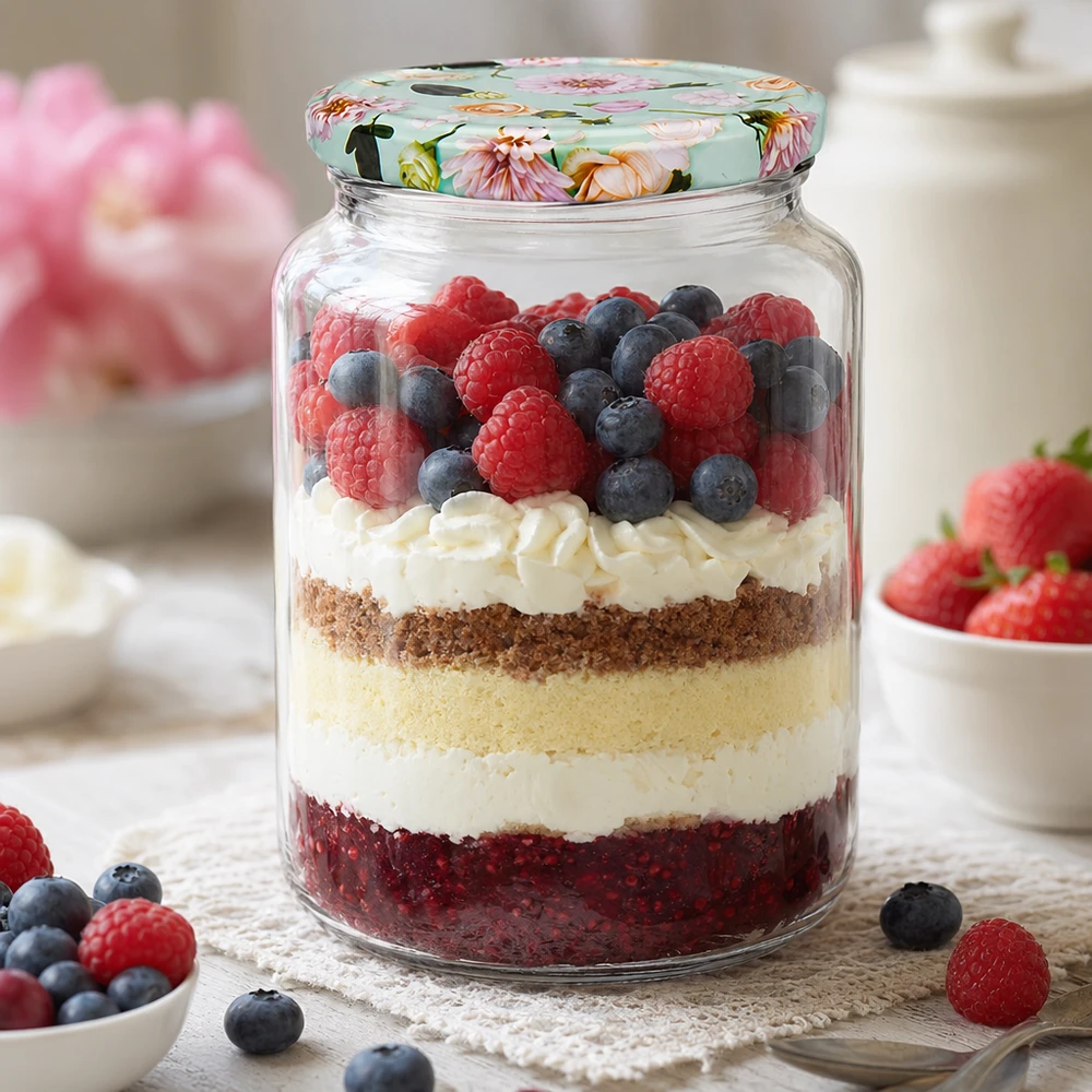 795 ml rond glas met mintbloemdeksel als dessertglas voor gelaagde desserts met bessen en room