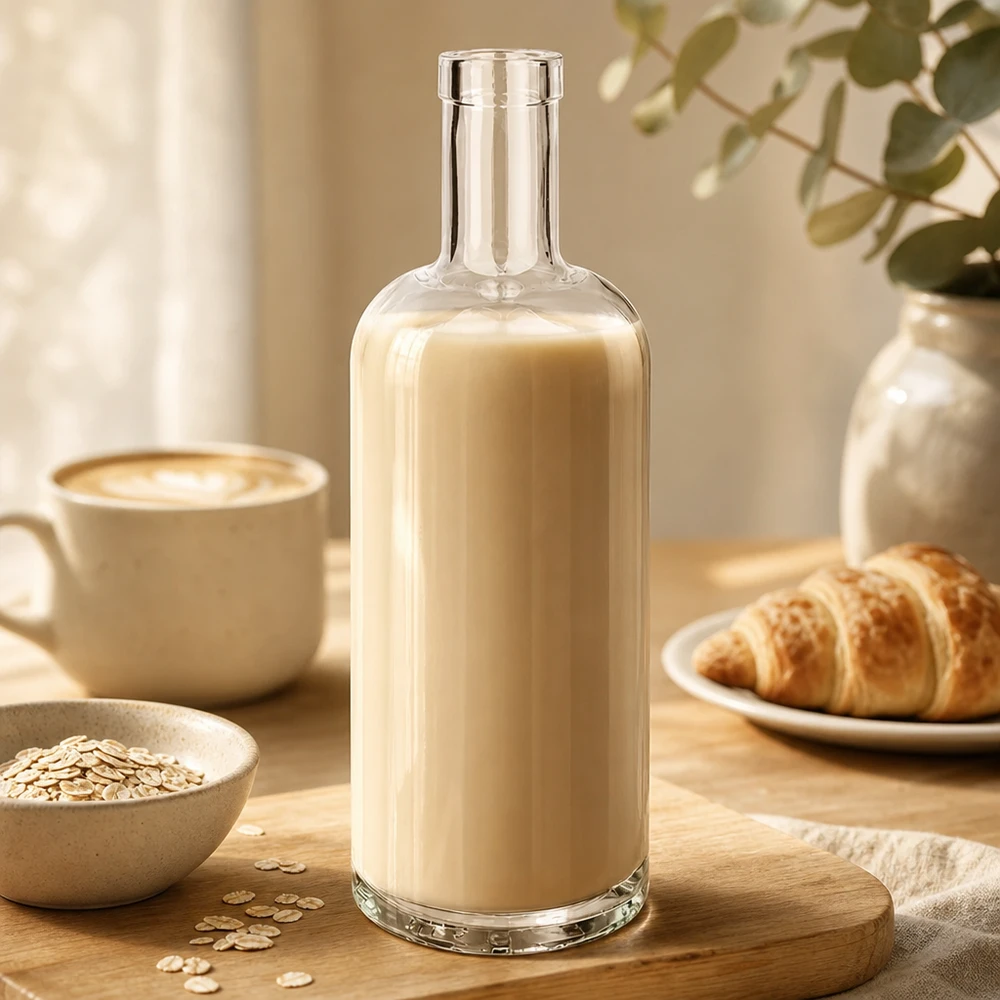 750ml glazen fles Emma gevuld met beige havermelk naast koffiekopje croissant en havermout op houten tafel