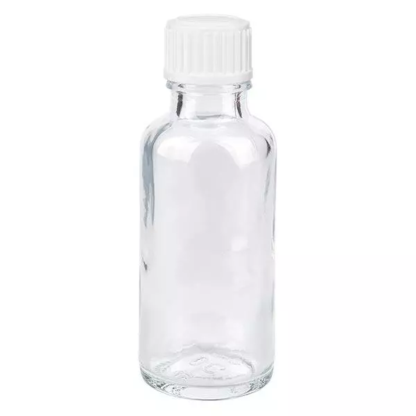 Apothekersfles helder 30 ml schroefsluiting wit globuli, Standaard Apothekersfles helder 30 ml schroefsluiting wit globuli, Standaard