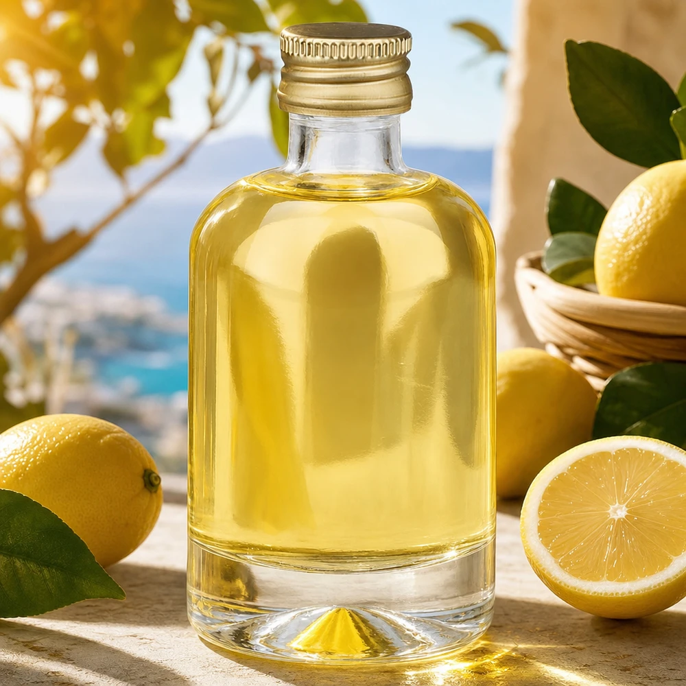 40ml glazen fles Sara gevuld met gele inhoud tussen citroenen - productfoto met mediterrane sfeer
