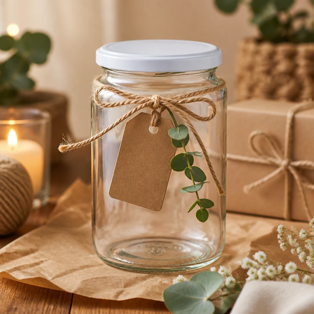 795 ml rond glas UNiTWIST decoratief gerangschikt met raffia lint, cadeaulabel en eucalyptus tak als decoratie idee