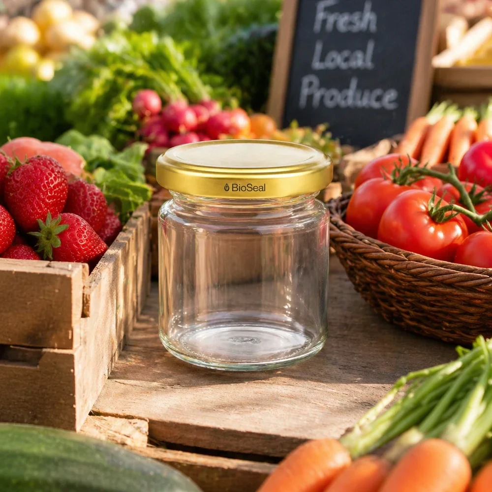 53ml rond glas met BioSeal deksel goud UNiTWIST UNiTWIST Runda53 leeres Einmachglas mit goldenem TO43 BioSeal Deckel auf Holzbrett zwischen frischem Marktgemüse