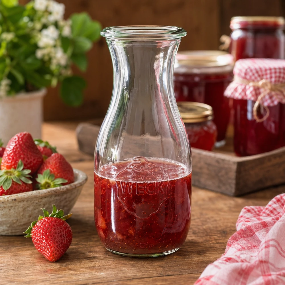 WECK sapfles 530ml RR60 gevuld met aardbeiensap naast jampotten en geblokte keukenhanddoek rustiek gedecoreerd