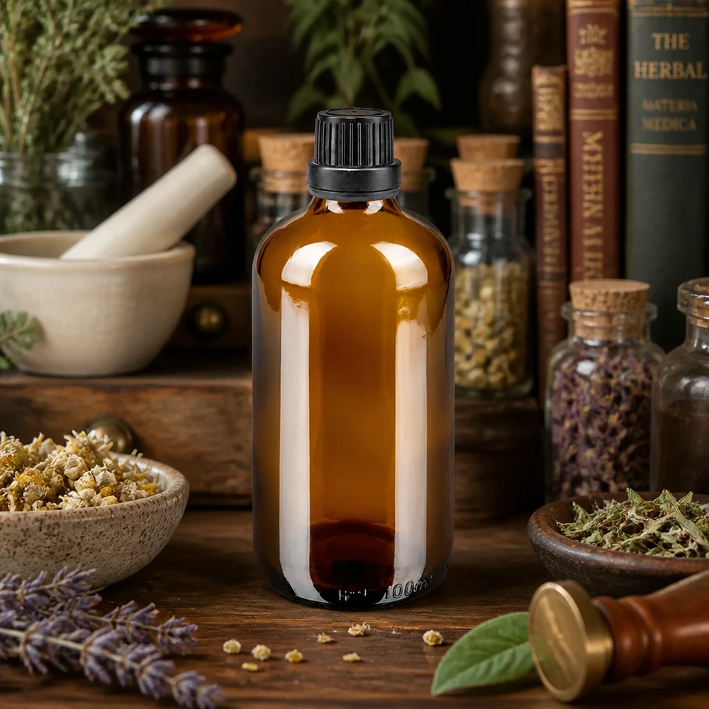 ApoGlas-druppelflesje van 100 ml in bruin glas met kindveilige sluiting, tussen de kruidenpotjes
