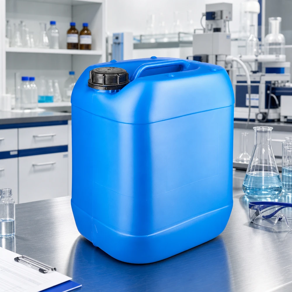 Voedselveilige blauwe kunststof jerrycan van 20 liter met OV-sluiting, geschikt voor vloeistoffen