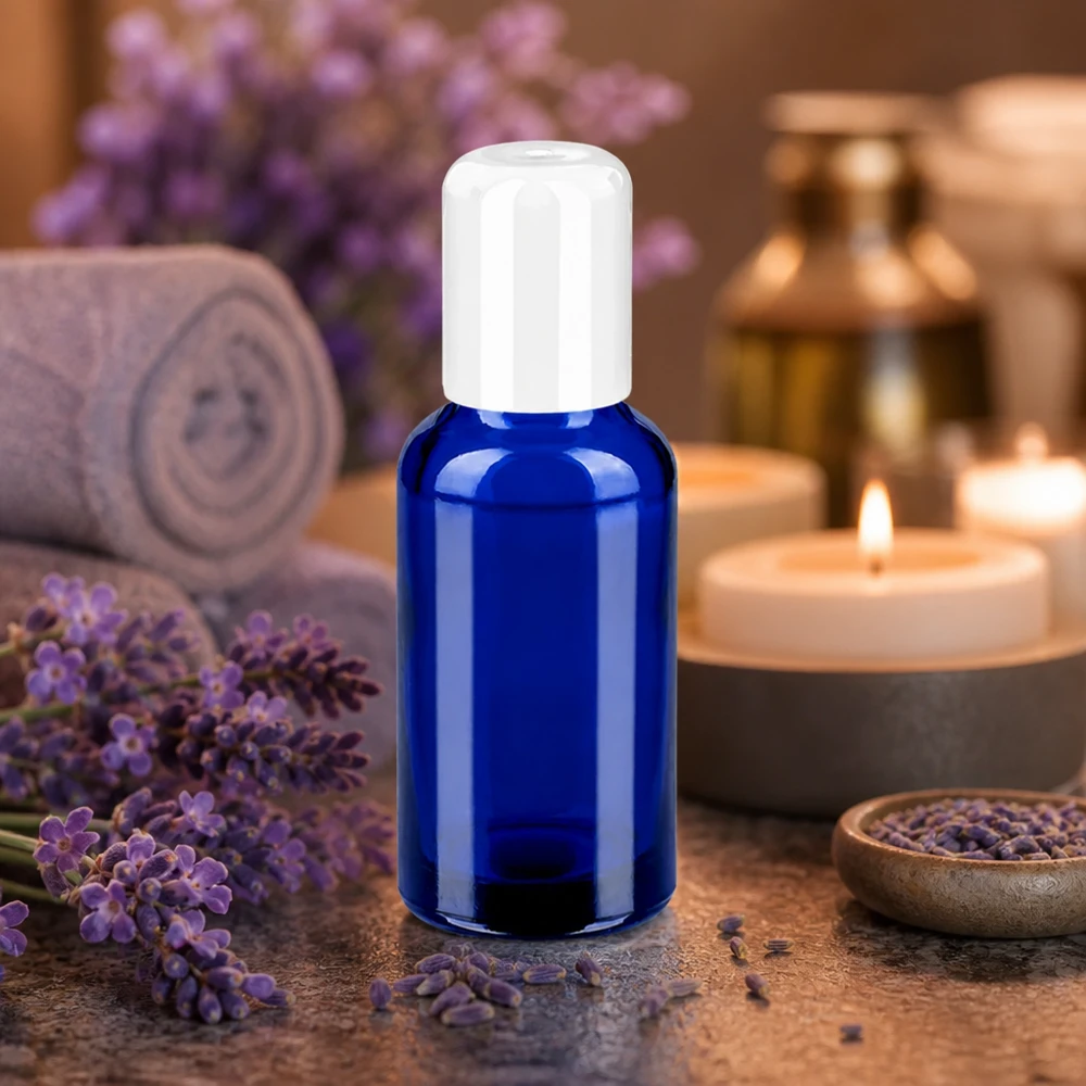 STD BlueLine glazen fles 30ml met witte schroefdop voor wellness- en spa-producten