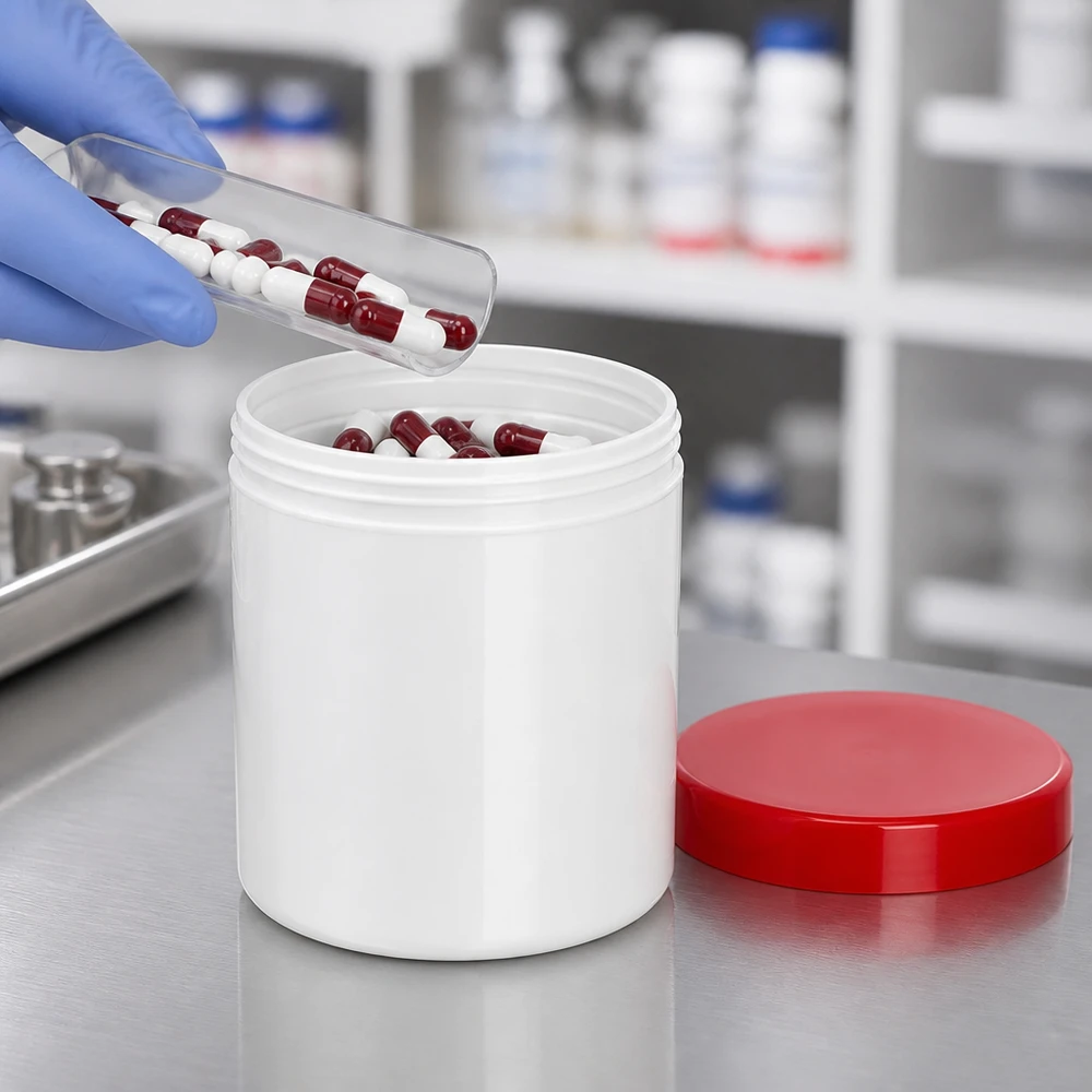 Vullen van een witte farmaceutische pot van 200 g PP met rood-witte gelatinecapsules