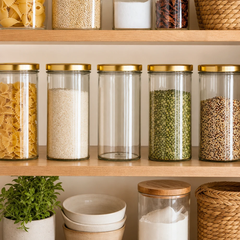 Organiser voor voorraadkast met 277 ml tuimelschalen goud UNiTWIST deksel voor rijst pasta linzen kruiden keukenplank