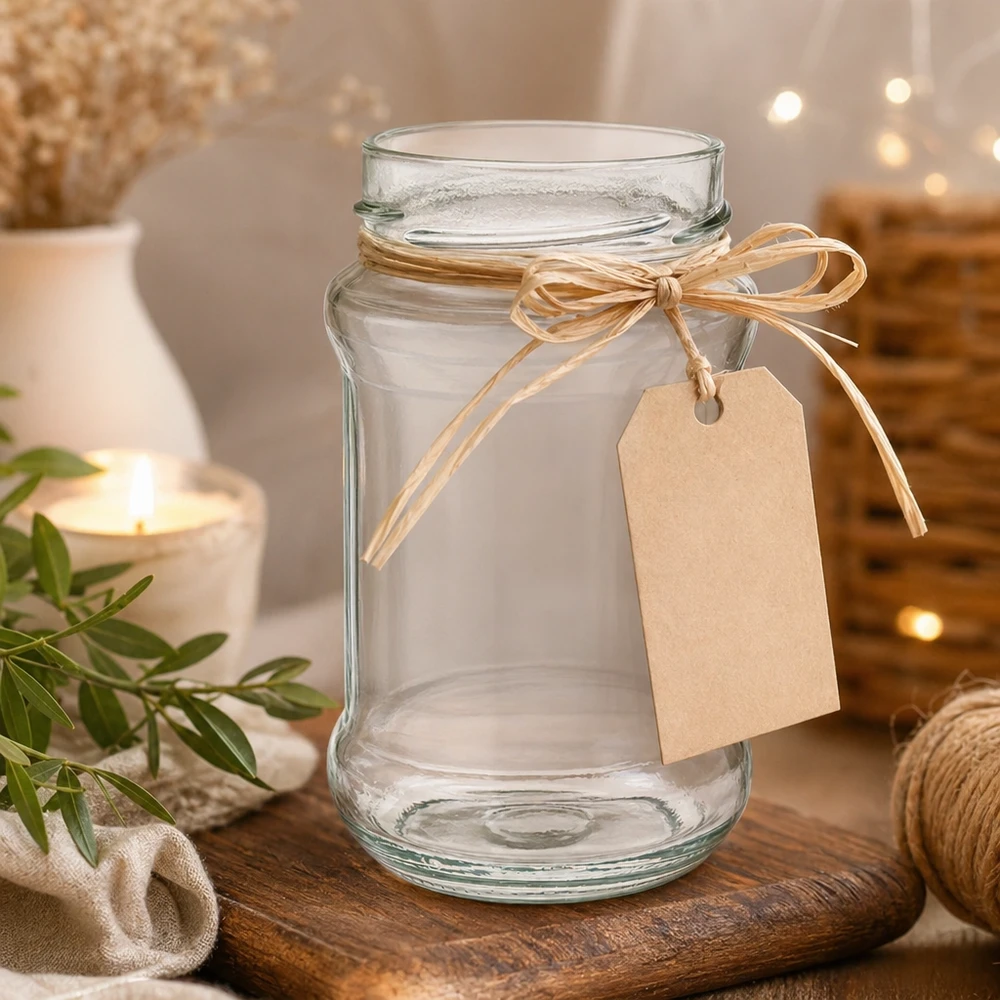 Leeres Rundglas 390ml mit Deckel und Schleifenband auf Holztisch - ideal für Marmelade Honig und Geschenke von Glas-Fabr