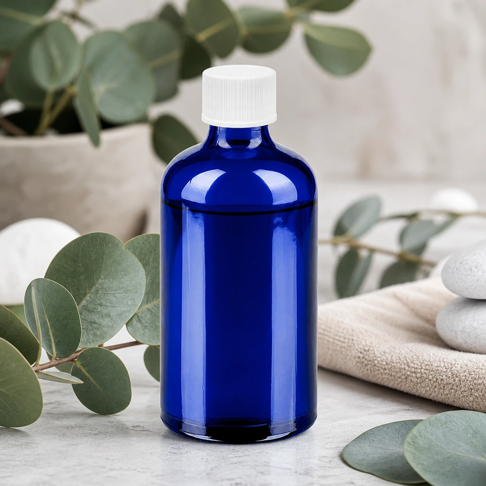 Mondgeblazen glazen fles 100ml kobaltblauw met kindveilige witte schroefdop