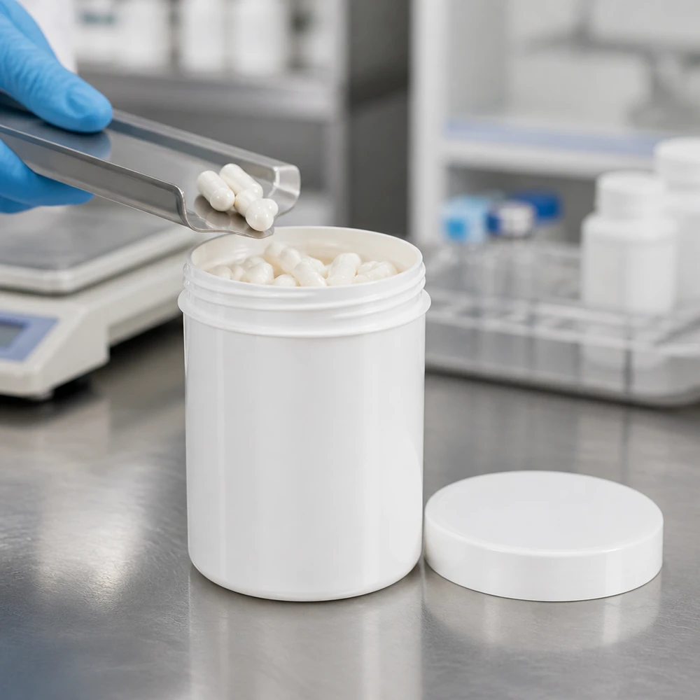 Witte, cilindrische PP-kruik van 500 g met schroefdeksel, geschikt voor farmaceutische afvulling