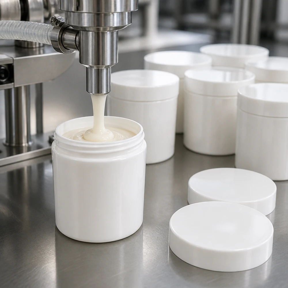 Zalfpot 75 g wit met schroefdeksel wit (PP) Een hoogglanzende PP-pot van 75 g in wit wordt machinaal op een transportband gevuld met een lichte zalf
