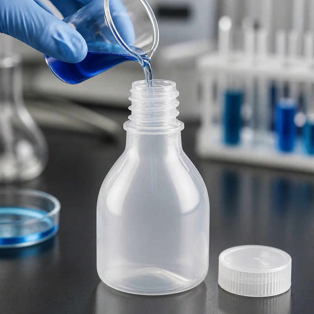 Een laboratoriumflesje met smalle hals van 20 ml zonder deksel vullen met een blauwe chemische oplossing