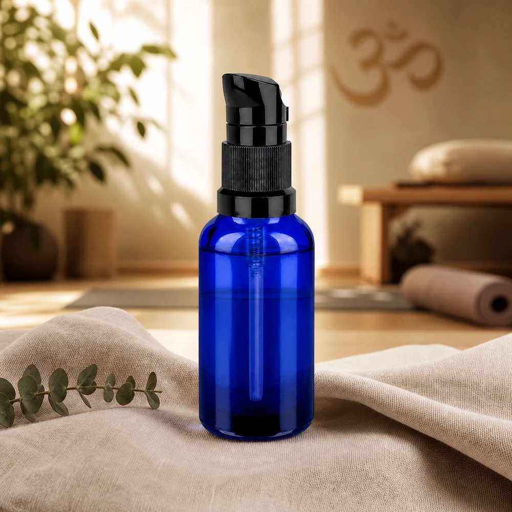 Handige 30ml BlueLine glazen fles met ergonomisch zwart pompmechanisme