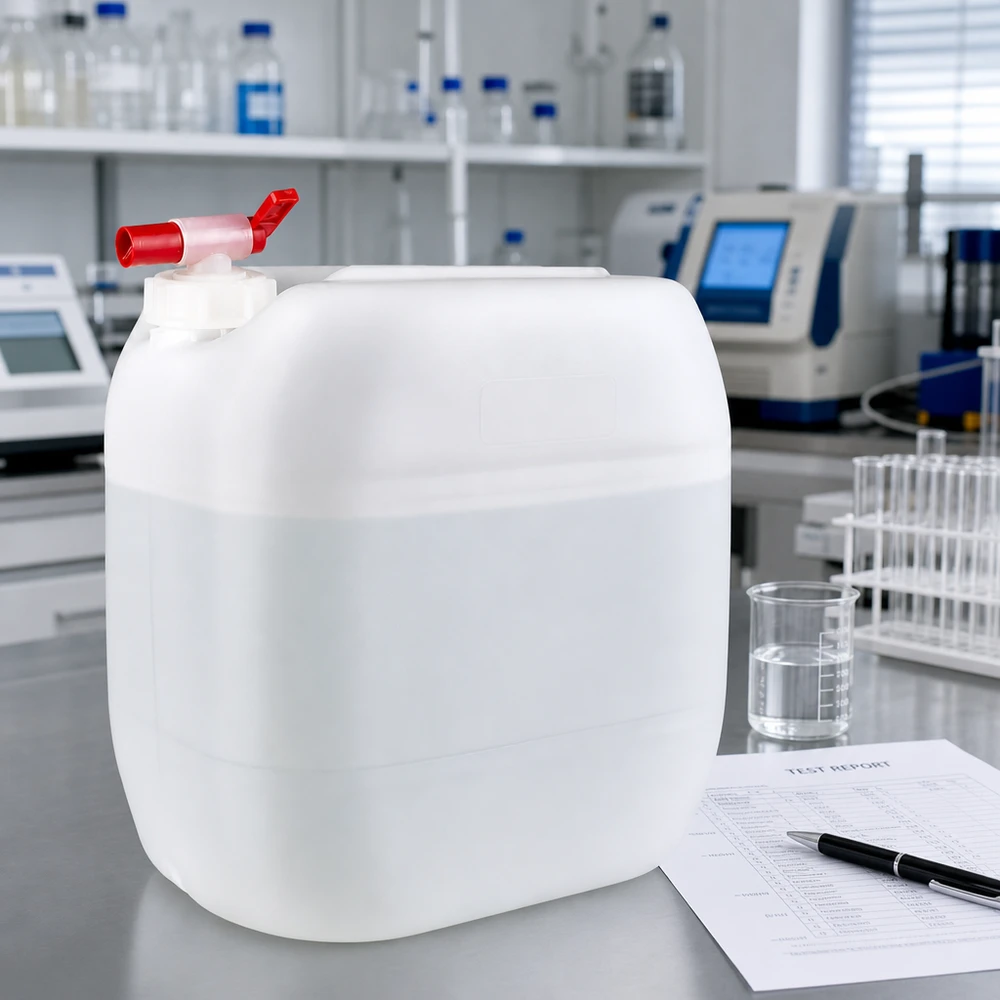 30l jerrycan met aftapkraan, UN-toelating Rechthoekige HDPE-kan van 30 liter met rode aftapkraan in een moderne laboratoriumomgeving