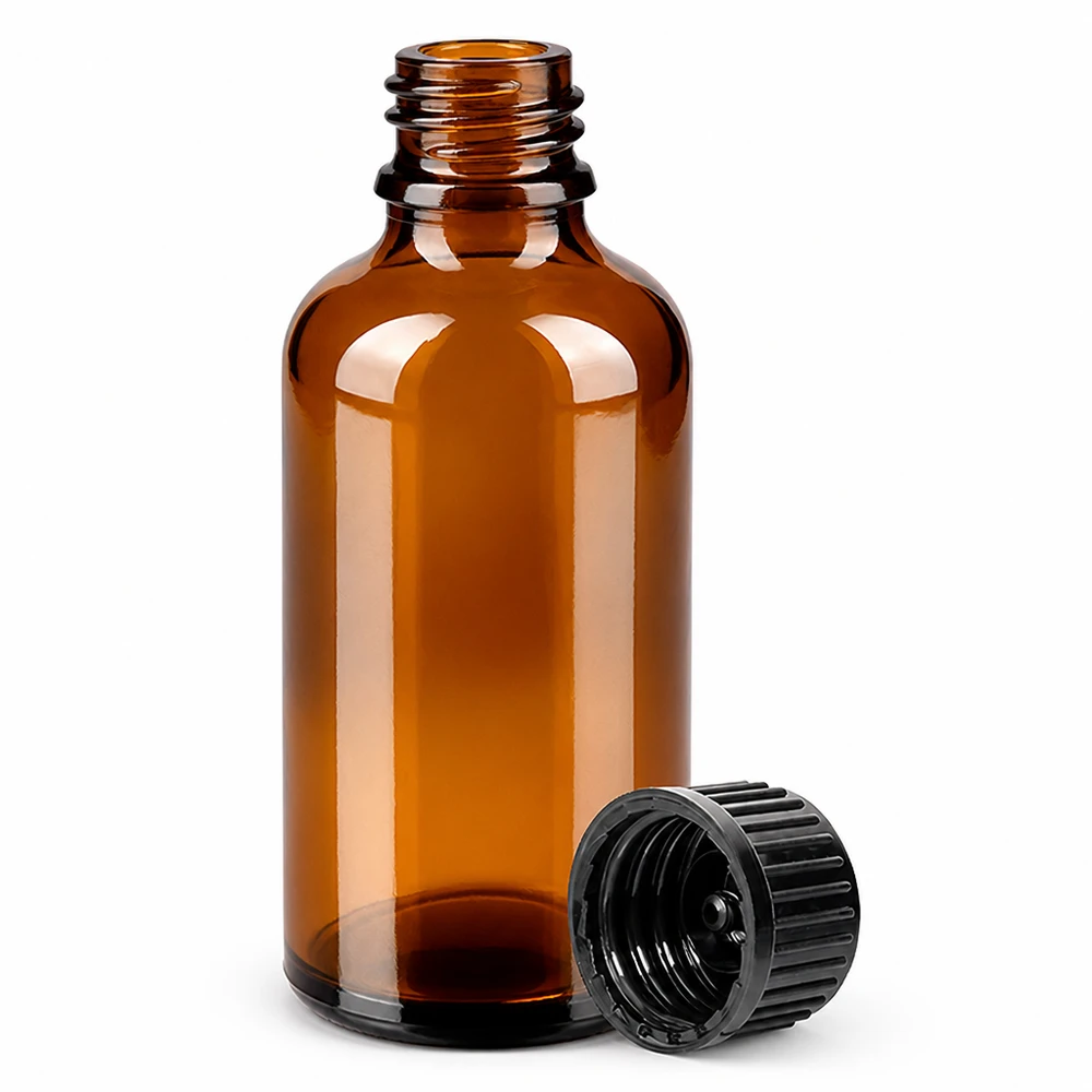 Bruin glazen flesje van 50 ml met 11 mm schroefdraad en zwarte dop voor aromatherapie en apotheek