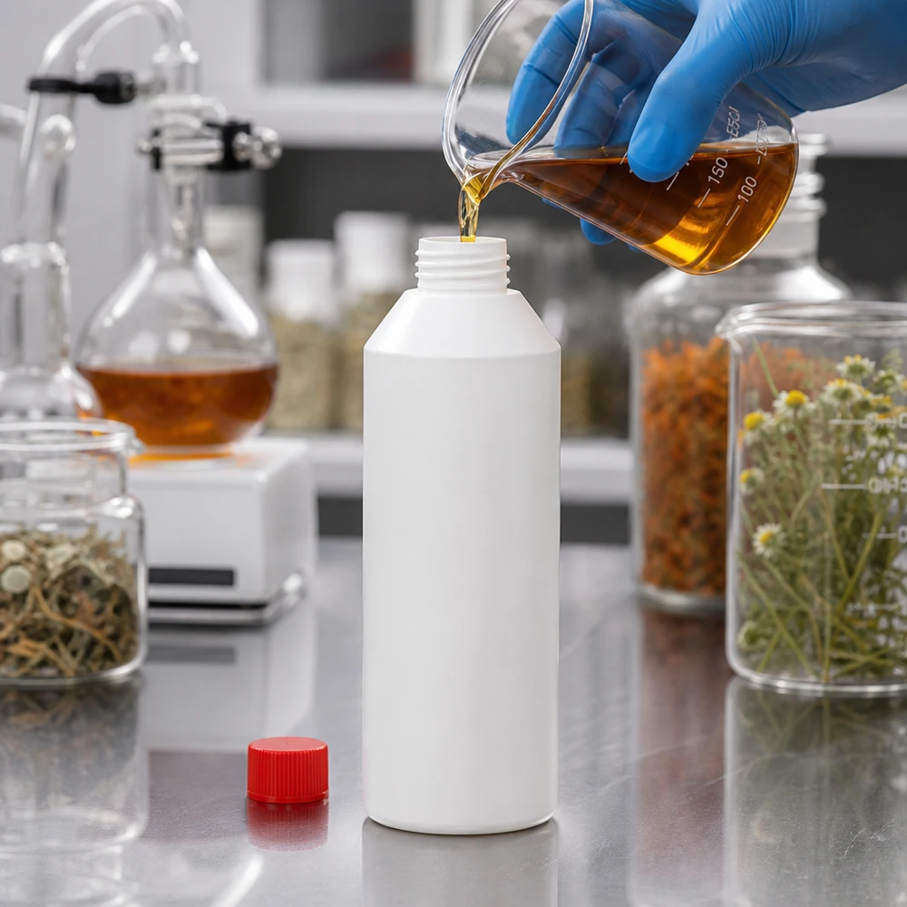 Voedselveilige HDPE-apothekersfles van 250 ml, wit met rode SV, voor botanische extracten
