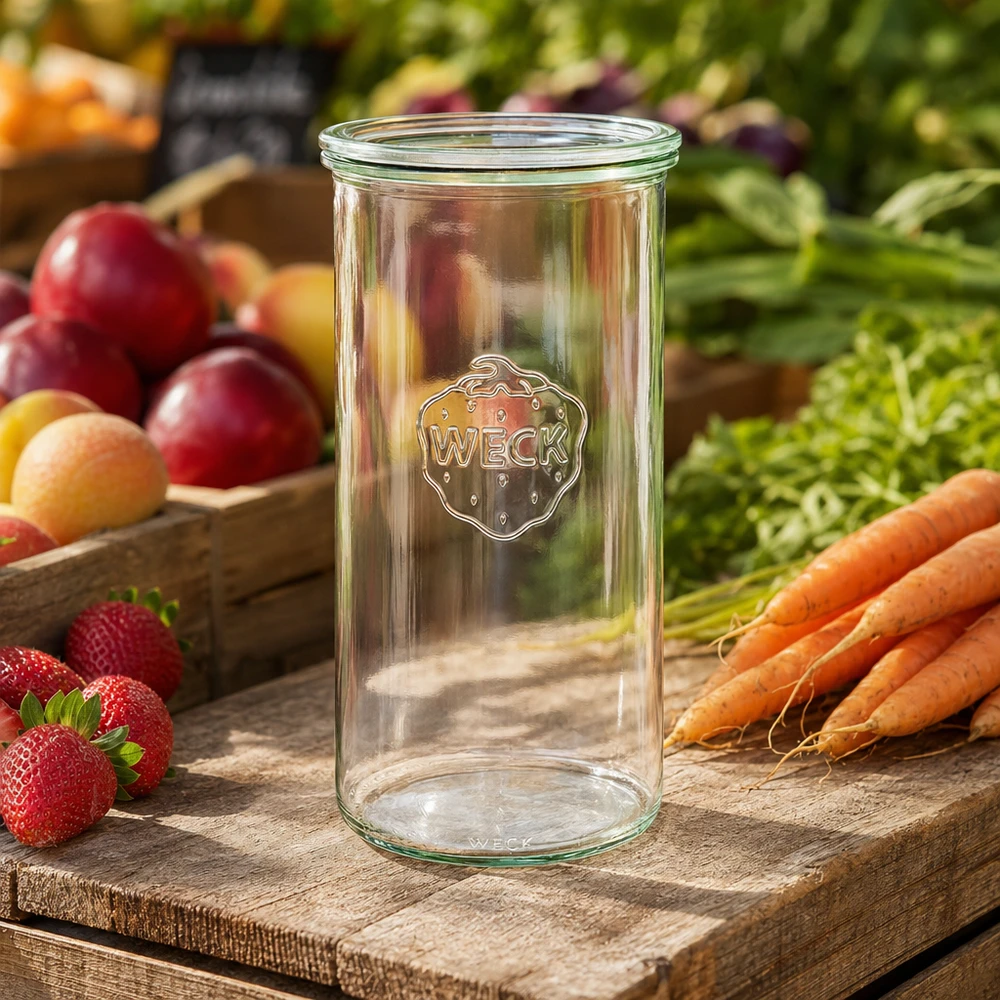 WECK bekers 1500ml RR100 op houten plank met verse fruitgroenten aardbeien wortelen natuurlijke keuken decoratie