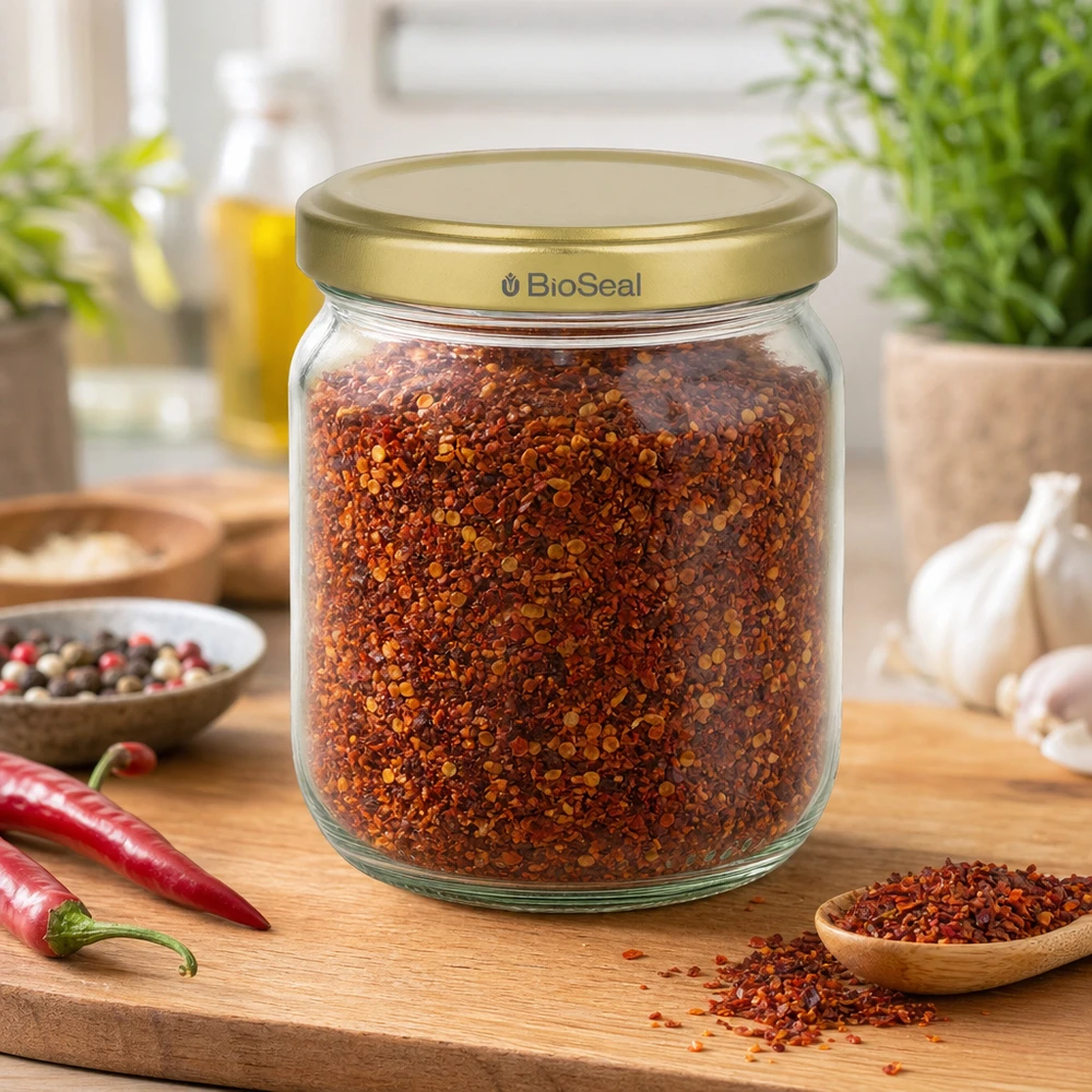 Honingpot 500 g met gouden deksel BioSeal UNiTWIST 500g BioSeal honingpot gevuld met rode specerijen op houten plank met chili en knoflook in keuken