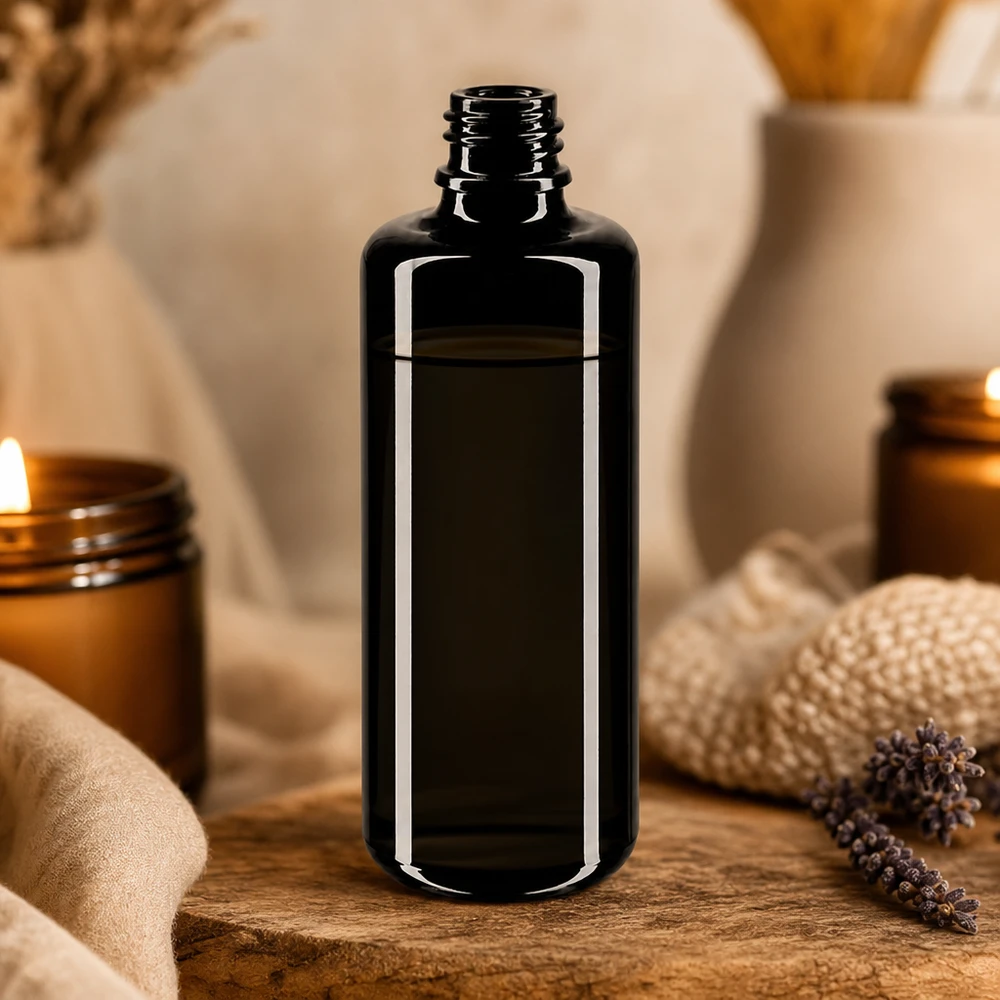 Stijlvolle 50ml violet glazen druppelfles Orion Miron met een stijlvolle zwart-paarse look voor verzamelaars