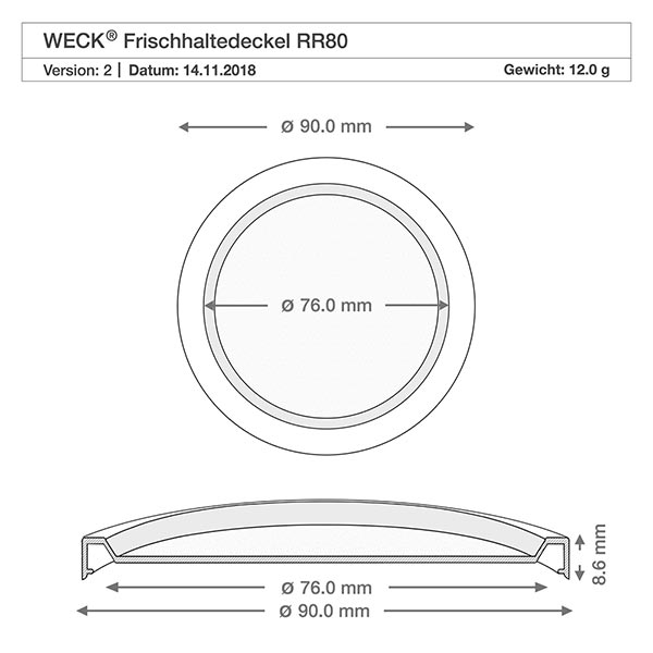 WECK RR80 tulpvormige pot van 370 ml met vershouddeksel Technische tekening WECK vershouddeksel RR80 met afmetingen 90 mm en 76 mm diameter voor 1040 ml cilinderpot