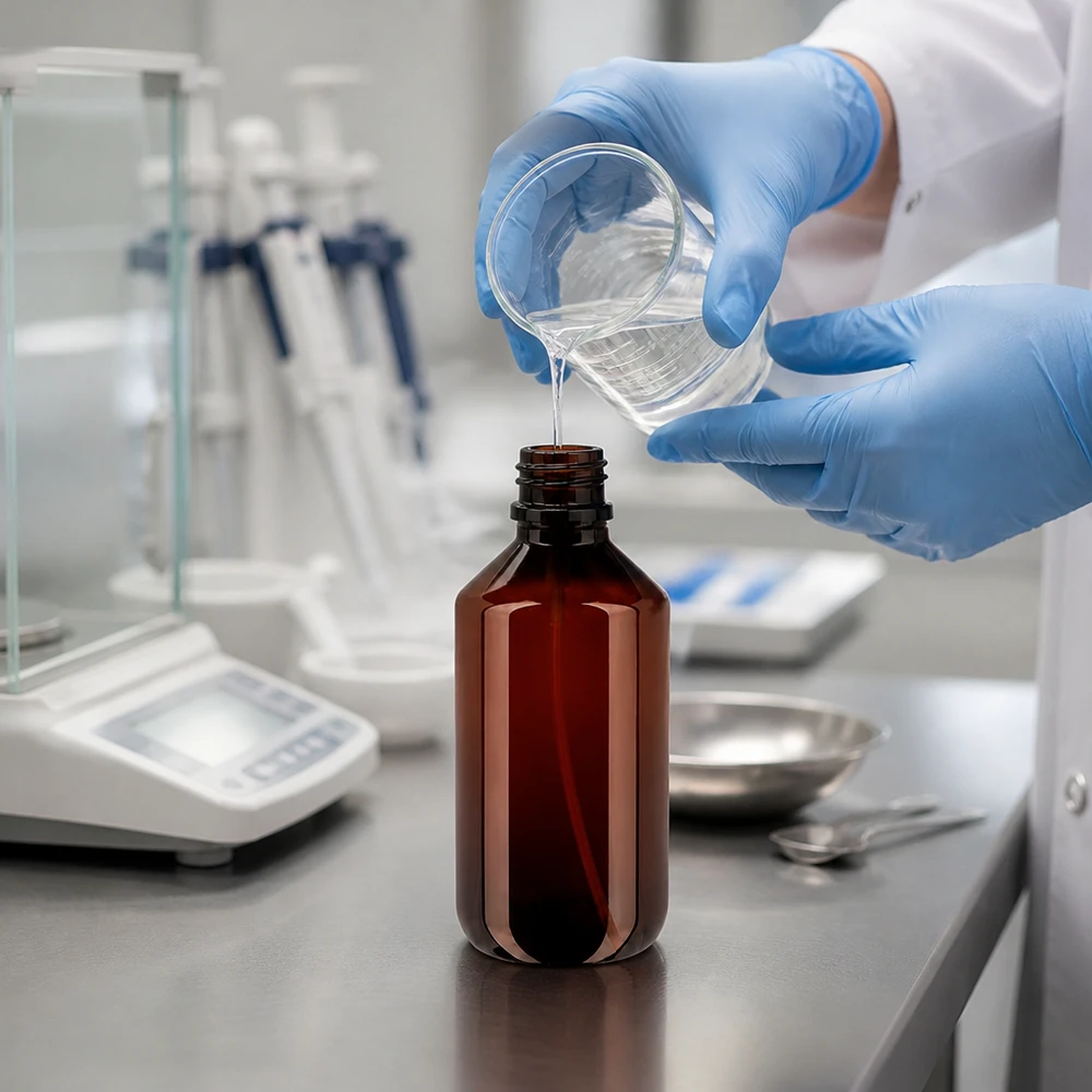 200 ml PET medicijnfles met verstuiver zwart GCMI 28/410 incl. dop transparant, standaard Laborumgebung mit bernsteinfarbener 200ml PET Sprühflasche und schwarzem Zerstäuber auf Edelstahltisch