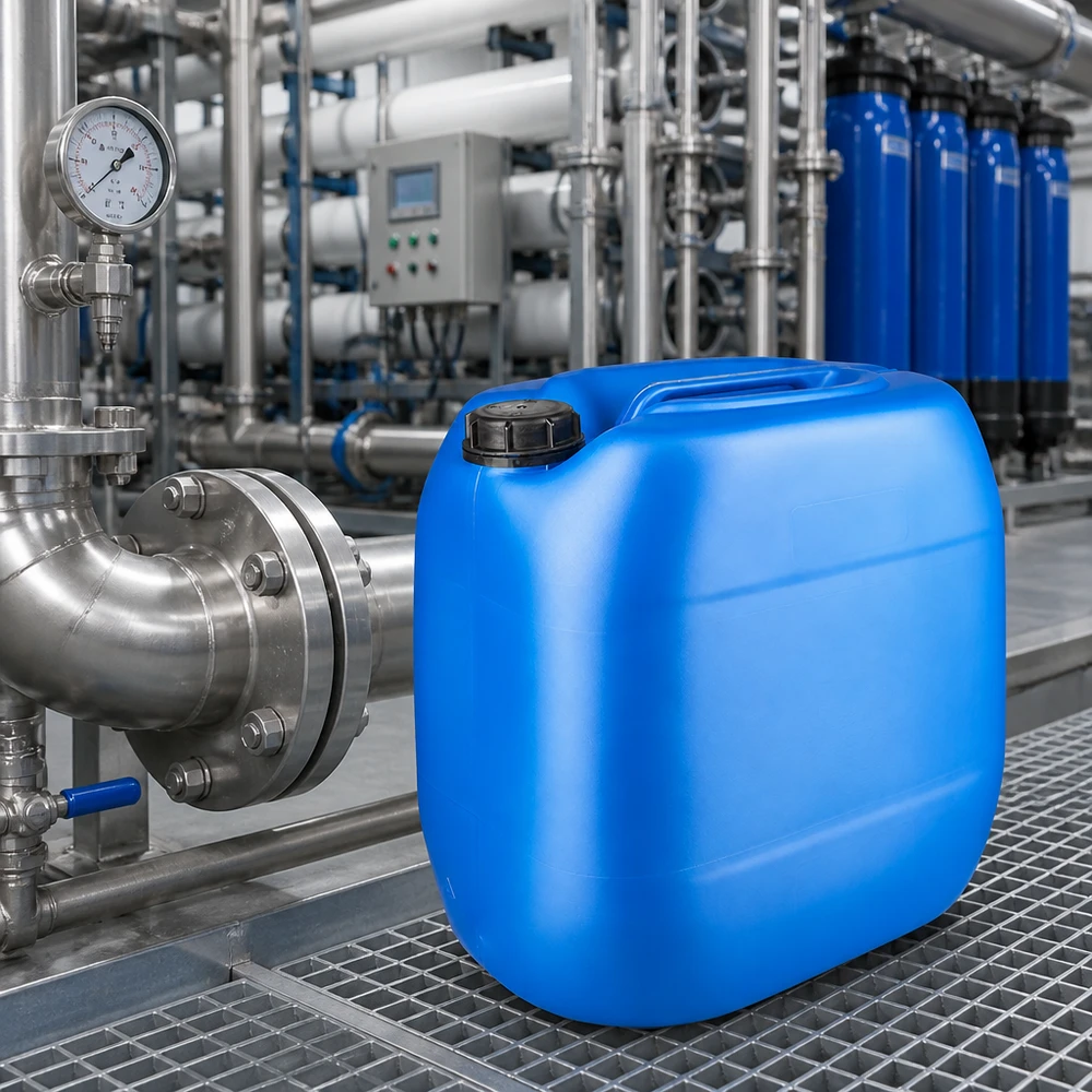 Stapelbare jerrycan van 30 liter, blauw, met OV-sluiting, voor blauwe filterinstallaties en leidingsystemen