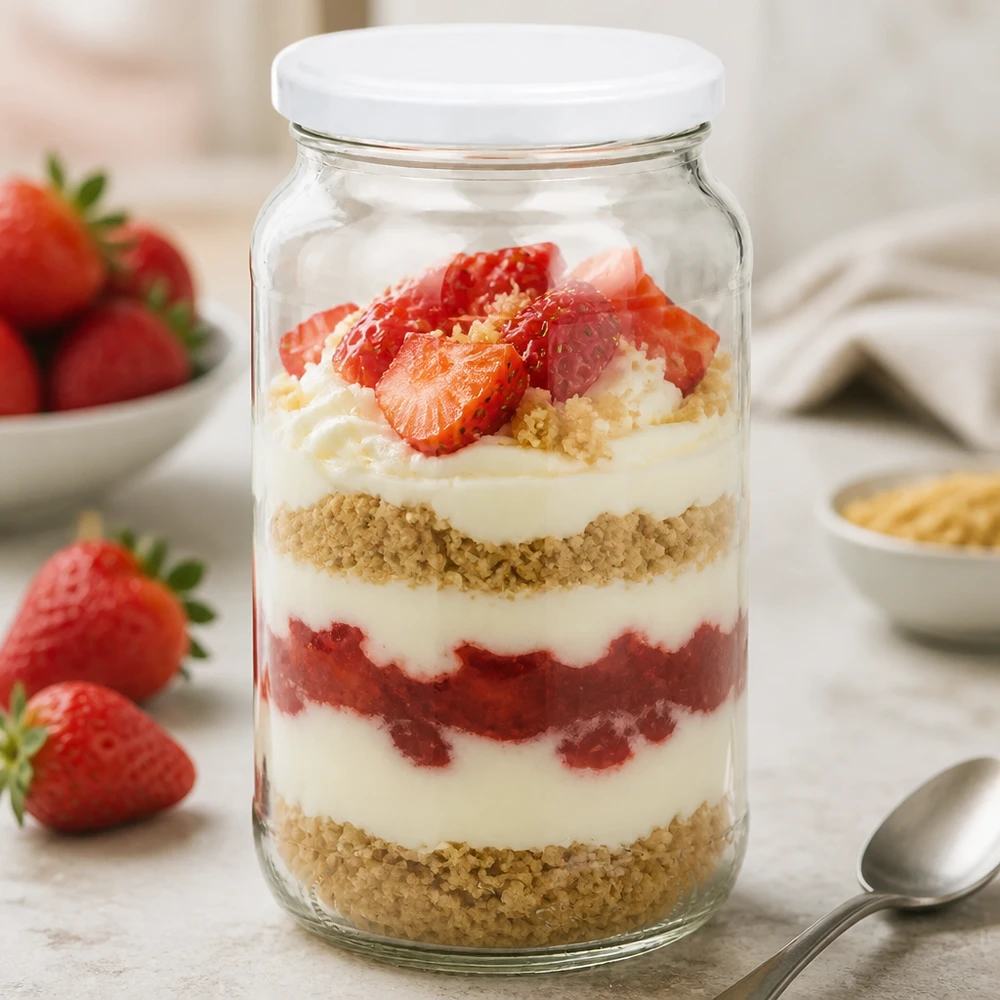 1062ml ronde pot BasicSeal deksel wit met aardbei dessert gelaagd dessert tiramisu pot dessert voorraadpot