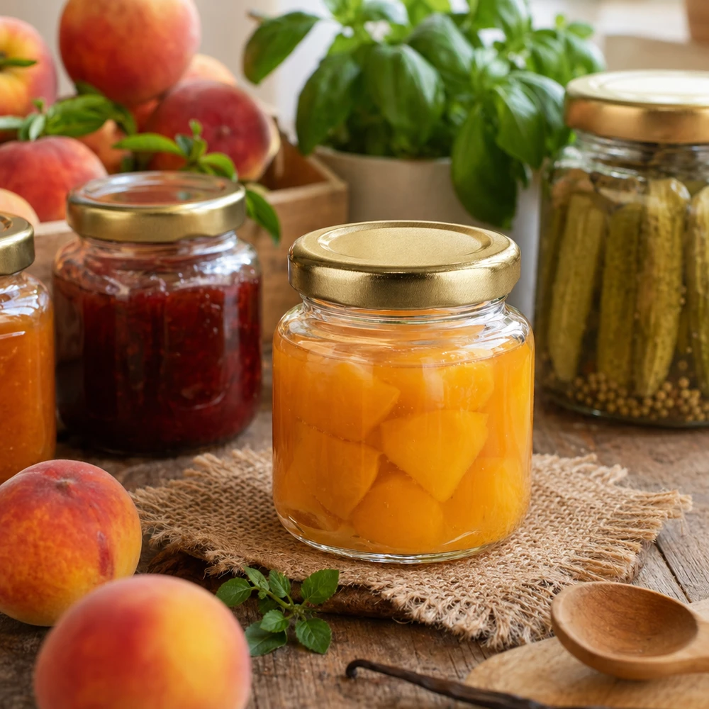 53ml Rundglas mit goldenem Deckel in stilvoller Küchenszene - ideal für selbstgemachte Konfitüren und Einmachgläser