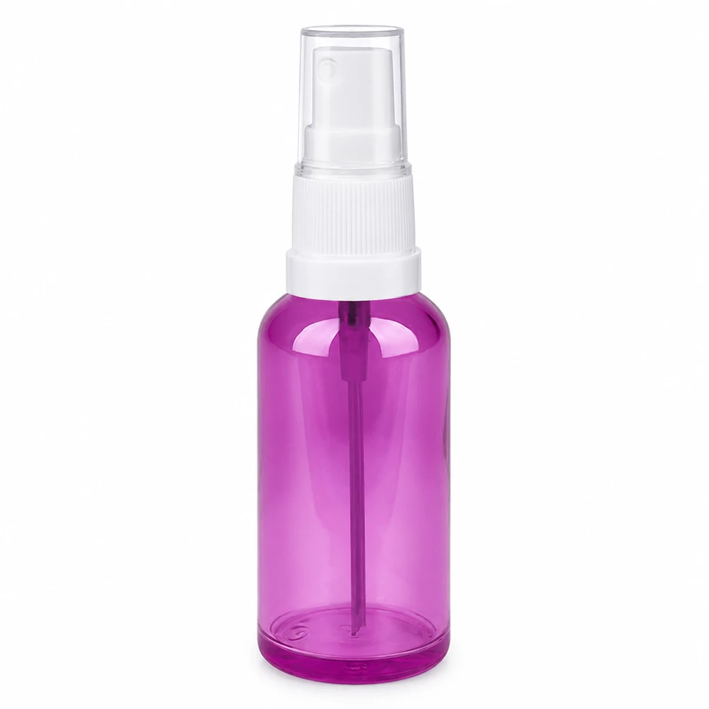 50ml cosmetische sprayfles met witte spraykop en paarse plastic behuizing