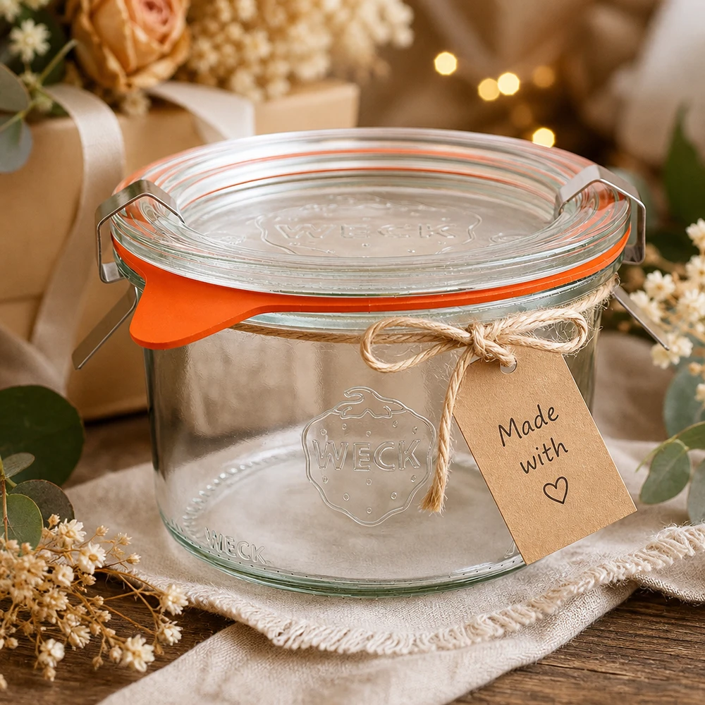 WECK 200 ml RR80 bekers als cadeau-idee versierd met een Made with Love kraftpapieren label en gedroogde bloemen