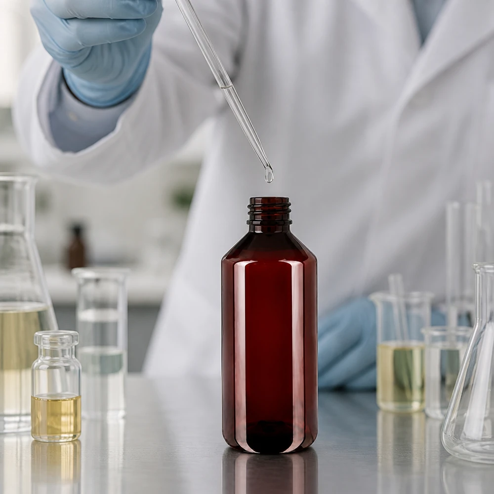 Ronde PET-fles van 1000 ml in bruinglaslook met witte schroefdop voor chemicaliën