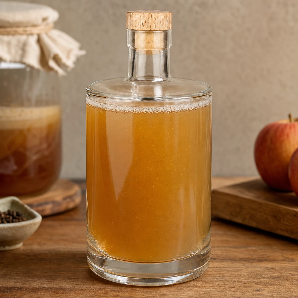 700 ml glazen fles Marie met houten handgreep UNiTWIST® 700ml Glasflasche Marie mit Holzkorken gefüllt mit goldbrauner Flüssigkeit in gemütlicher Küche neben Apfel und Gewürzen