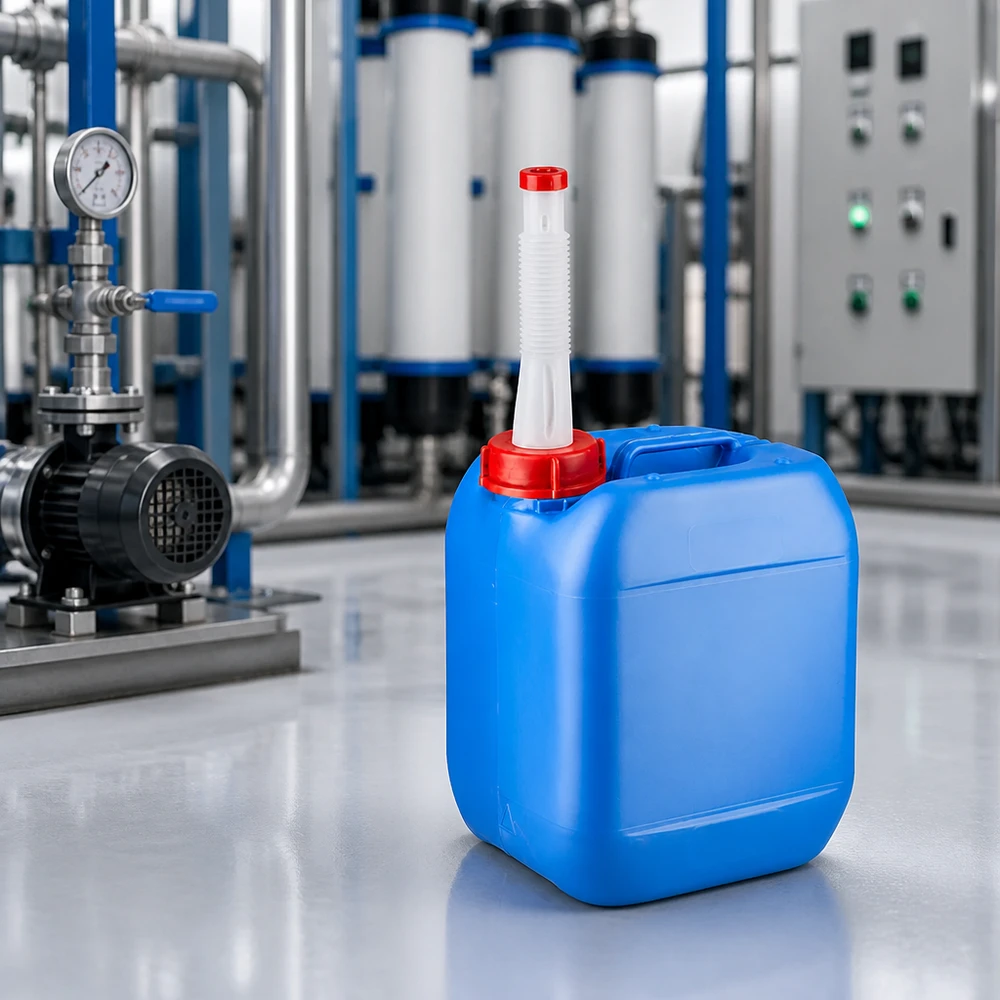 Chemicaliënkanister van 5 liter met een doorzichtige, gegolfde tuit voor nauwkeurig doseren