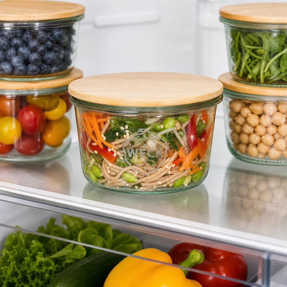 WECK-mini stortglas 80ml met hout deksel WECK trommels 80ml RR60 met bamboe deksel Koelkast Meal Prep opslag organisatie Het houden van groenten en pasta vers