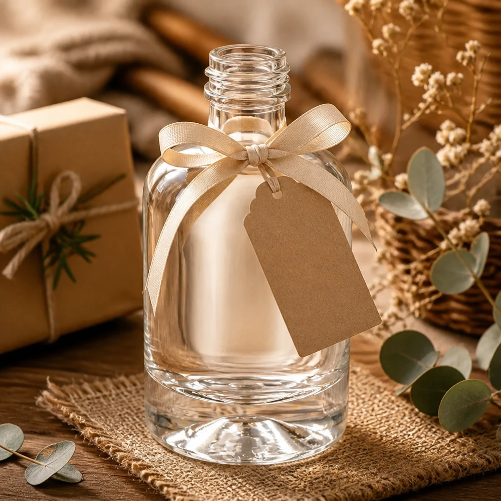 40ml glazen fles Sara versierd met strik en cadeaulabel zonder dop om cadeau te geven