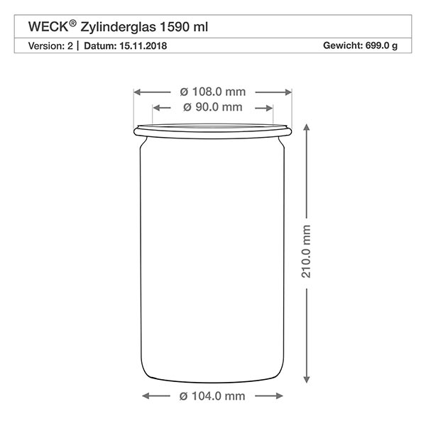 1590ml cilinderglas compleet WECK RR100 Technische tekening WECK cilinderpot 1590ml RR100 met maten en afmetingen voor houten kogelsluiting