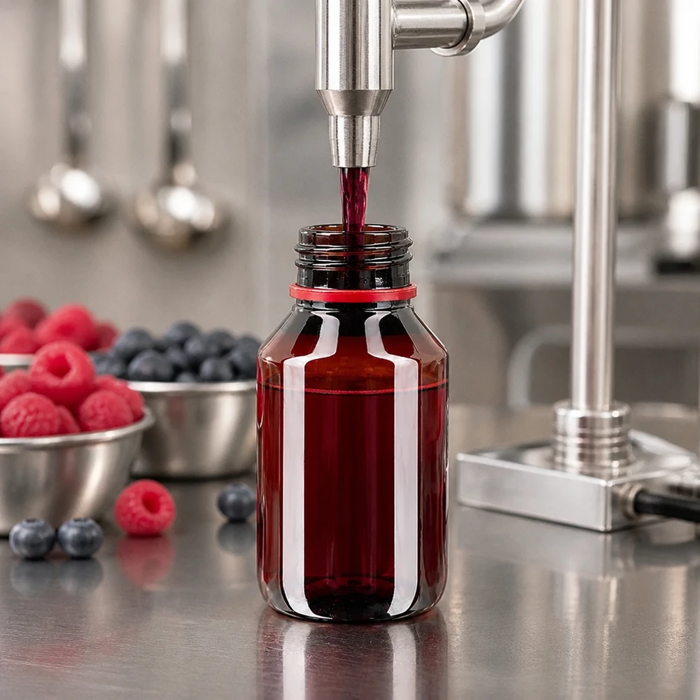 Vulstation met een bruine PET-fles van 50 ml en een rode kindveilige dop