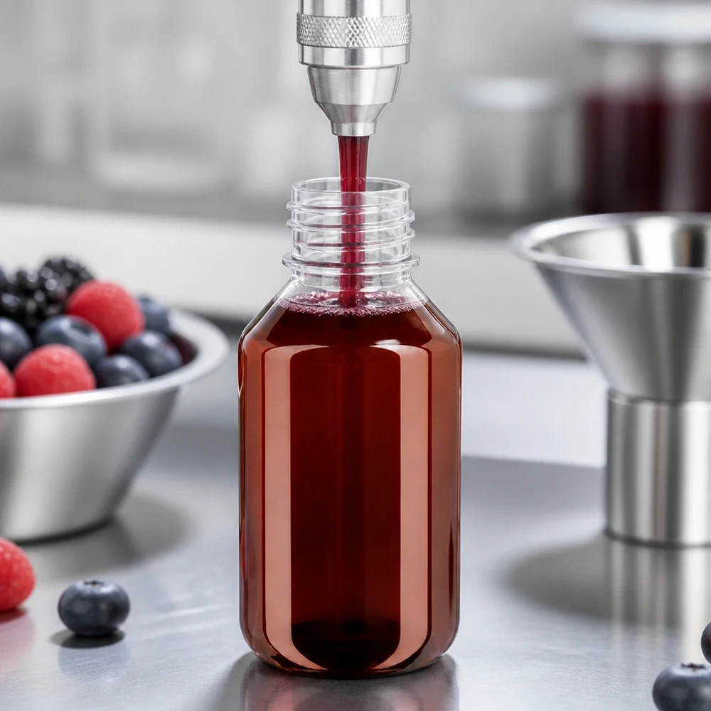 100ml PET medicijnfles - schroefsluiting VR wit - doseerbeker 30ml blank Beerenfruchtsaft Produktionslinie befüllt 100ml PET Flasche mit weißem Originalitätsverschluss