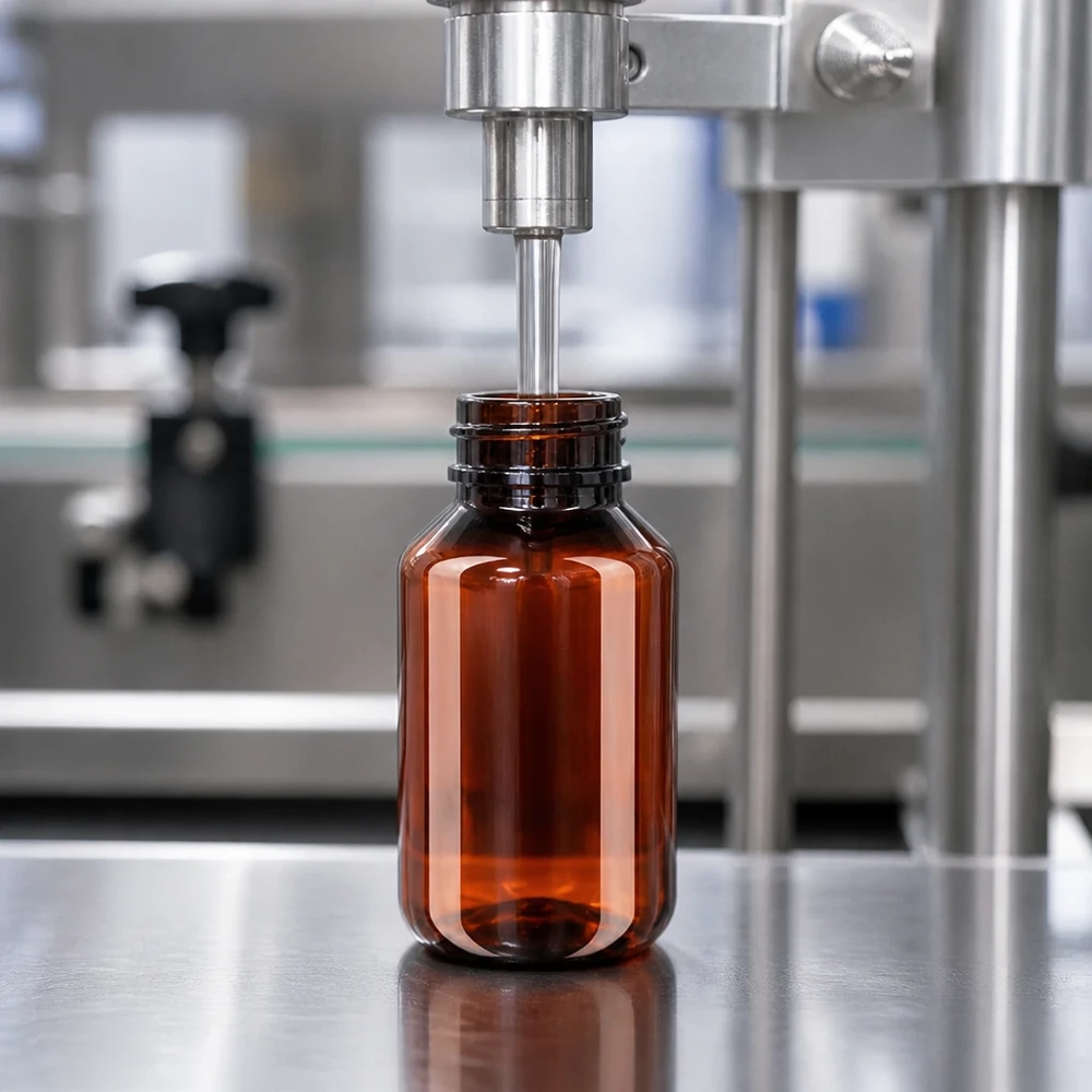 PET-fles 100ml met bruine dop Standaard Braune 100ml Flasche PET mit Standardverschluss in industrieller Abfüllstation für Flüssigarzneimittel